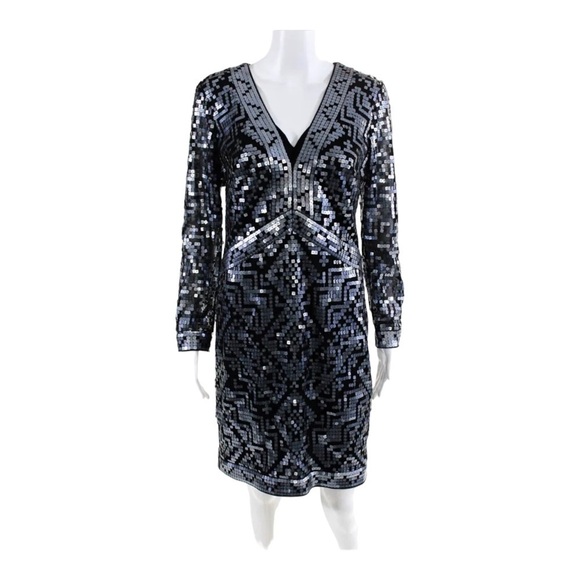 TADASHI SHOJI Black Silver Sequin V Neck Long Sleeve Mini Cocktail Dress Size 8 - Picture 5 of 10